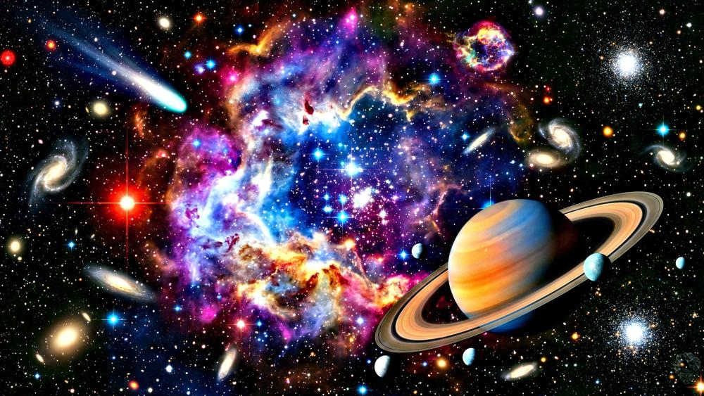 Space Stew of Nebula Fire and Ringed Worlds in Deep Cosmos wallpaper