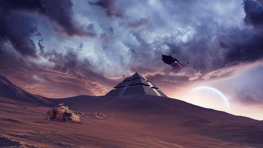 Stormlit Desert Pyramid in a Distant Futuristic World wallpaper