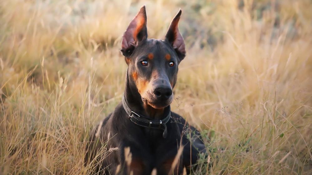 Alert Dobermann Resting in Golden Meadow Light wallpaper