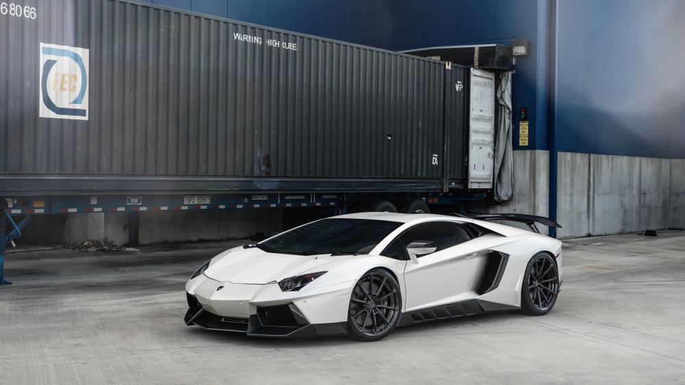 White Lamborghini Aventador Supercar in Industrial Harbor Scene wallpaper