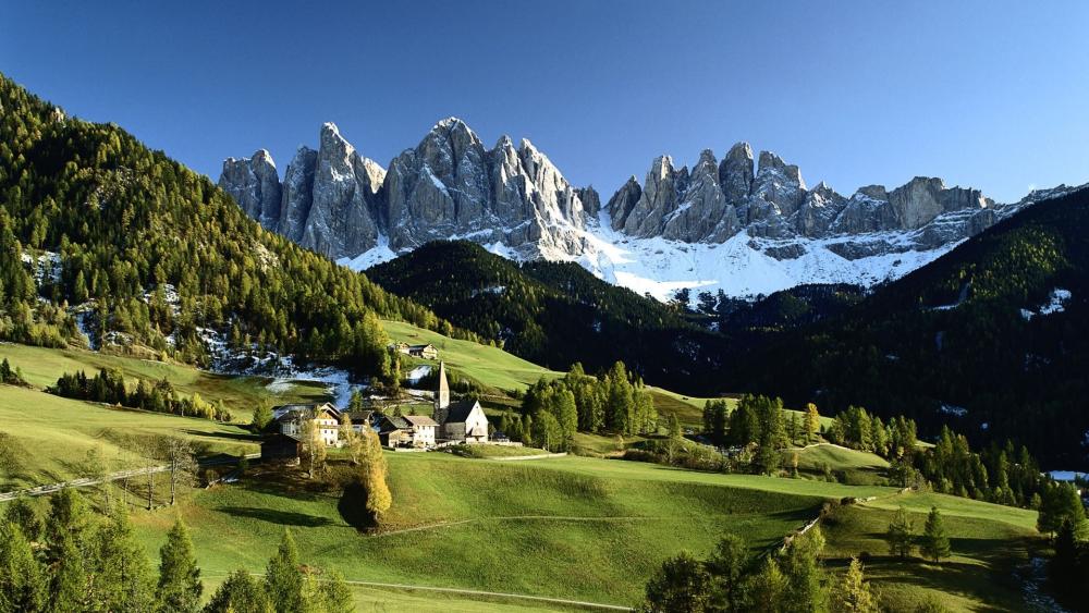 Serene Val di Funes Valley Beneath the Odle Dolomites wallpaper