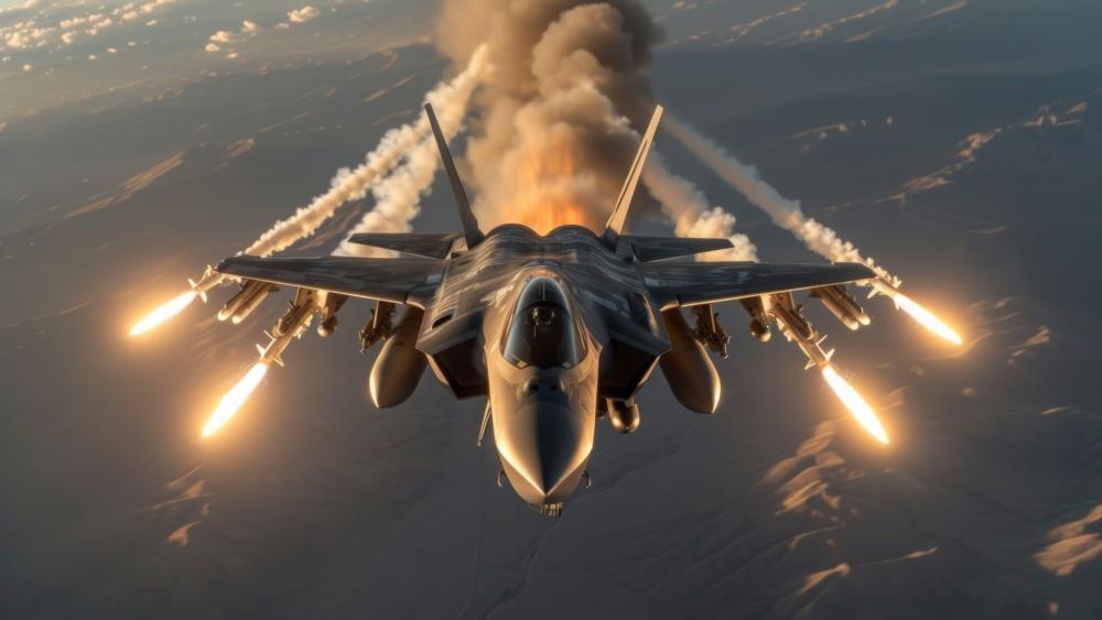 Supersonic Strike Fighter Launching Missiles Over Distant Mountains wallpaper