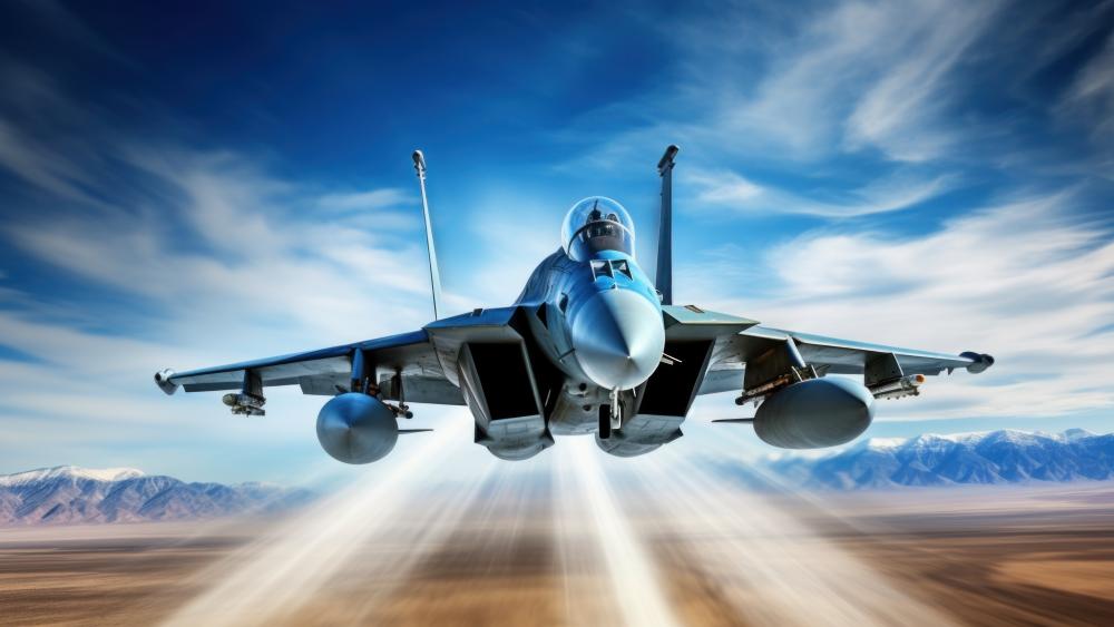 Supersonic Strike Jet Roaring Low Over Desert Mountains wallpaper