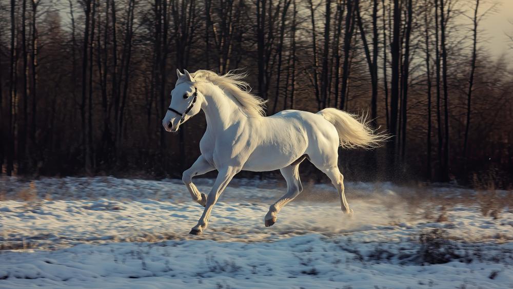 White Mustang Galloping Through Winter Forest in Cinematic 4K wallpaper