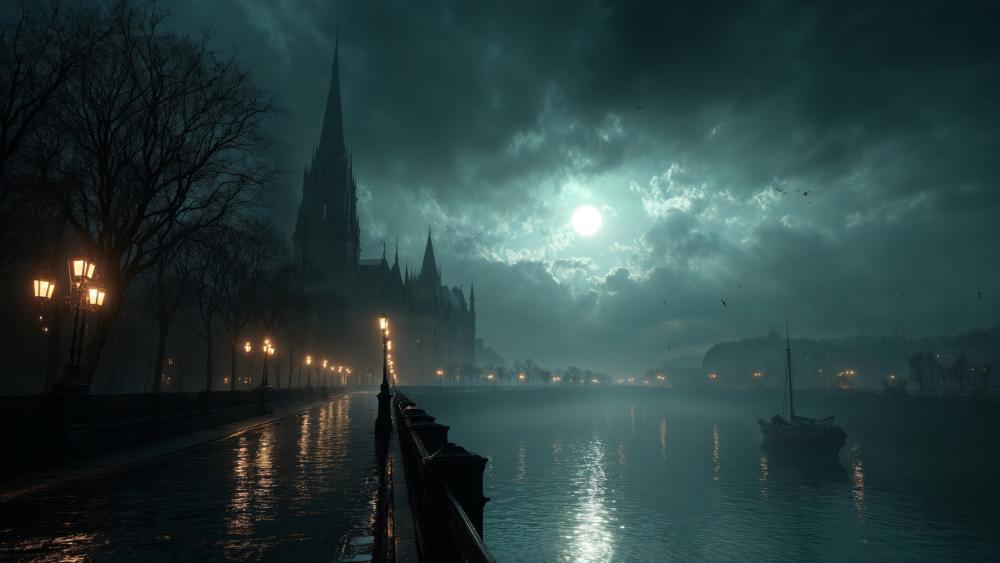 Moonlit Gothic Riverside Shrouded in Midnight Fog wallpaper