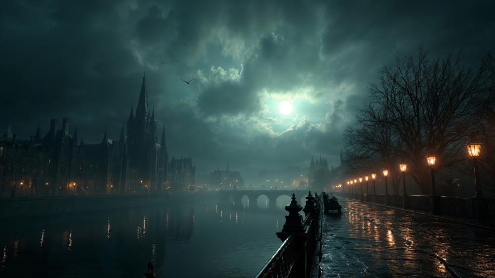 Moonlit Gothic Riverside City Shrouded in Fog and Dread wallpaper