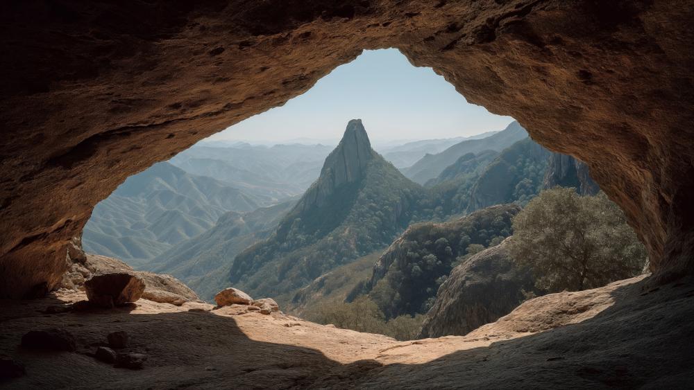 Cave Window Over Badlands Valley and Distant Mountain Peak wallpaper