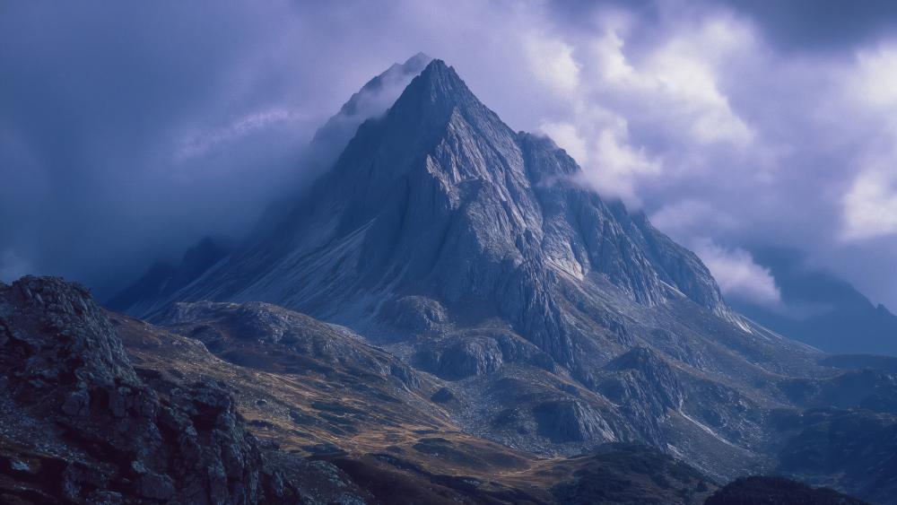 Cloud Wrapped Mountain Summit in Moody 4K AI Landscape wallpaper