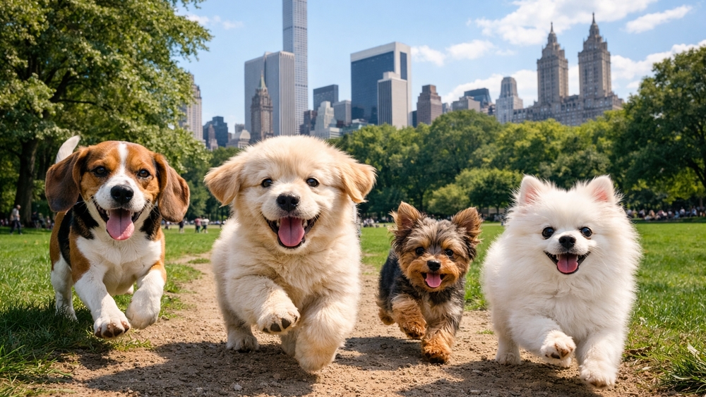 Happy Puppies Racing Through Central Park Under a Bright Skyline wallpaper