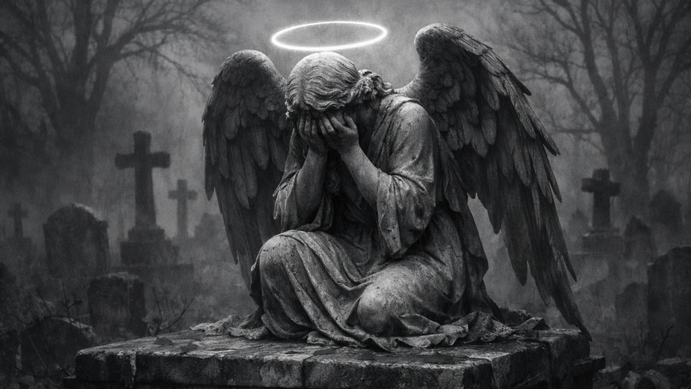 Haloed Sorrow Angel Statue in a Misty Monochrome Graveyard wallpaper