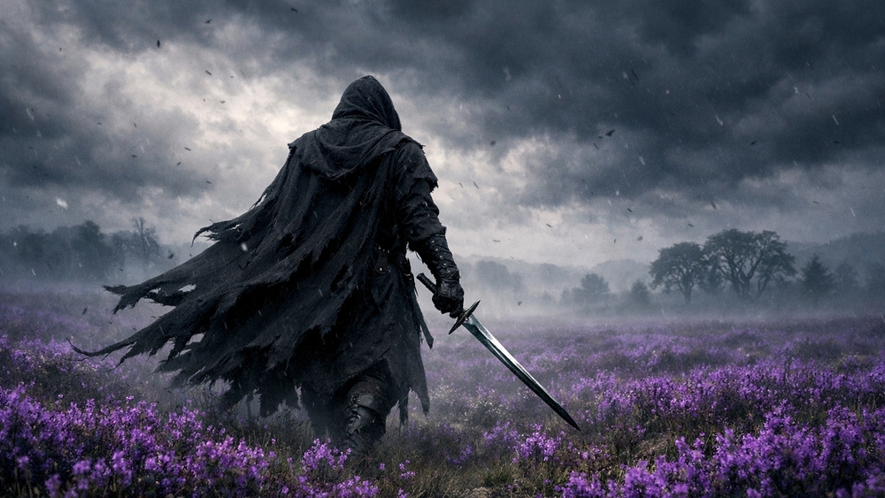 Cloaked Knight in a Purple Meadow Beneath a Storming Sky wallpaper