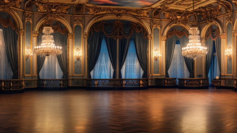 Gilded Palace Ballroom Glow with Crystal Chandeliers and Velvet Drapes wallpaper