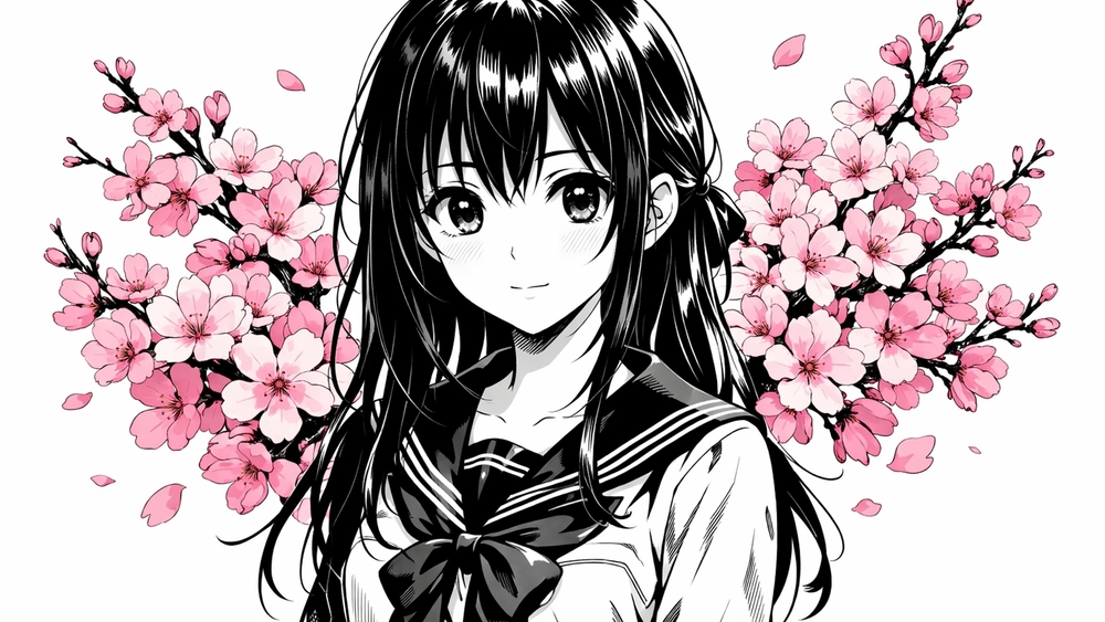 Sakura Breeze Schoolgirl Portrait on Clean White Background wallpaper