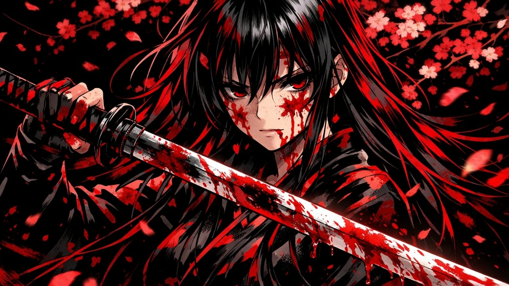 Crimson Katana Vigil Under Falling Petals wallpaper