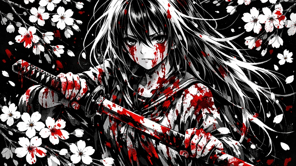 Bloodstained Katana Girl Amid Falling Sakura Shadows wallpaper