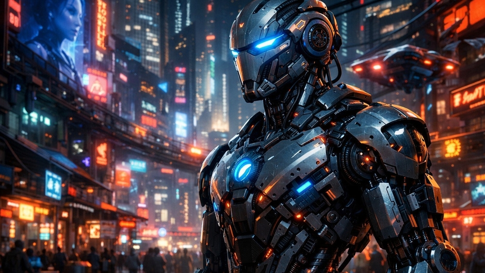 Neon Sentinel of the Cyberpunk Megacity wallpaper
