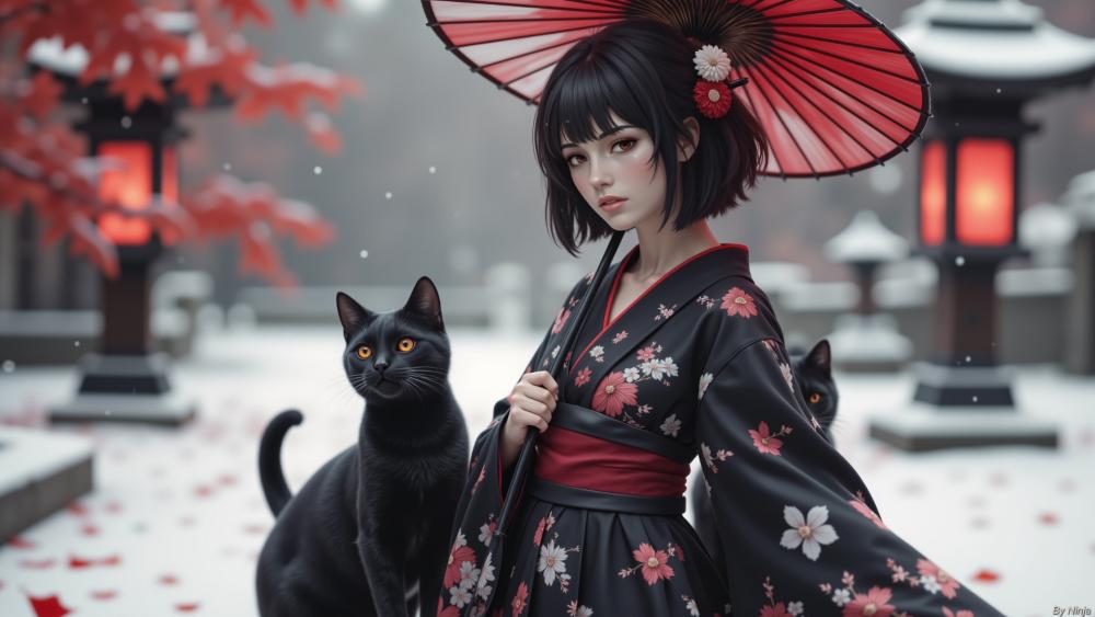Snowy Shrine Stroll with Kimono Girl and Black Cat Companion wallpaper