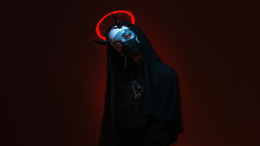 Crimson Halo Demon Nun Masked in Shadowed Silence wallpaper