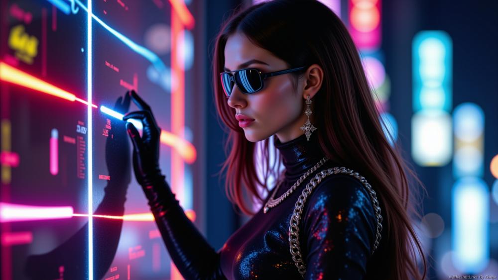 Neon Oracle in Latex Navigating a Cyberpunk Data Wall wallpaper