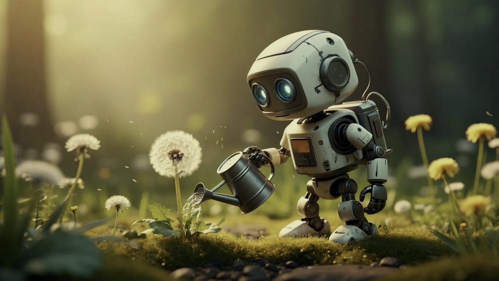 Tiny Robot Watering Dandelion Wishes in a Sunlit Meadow 5K wallpaper