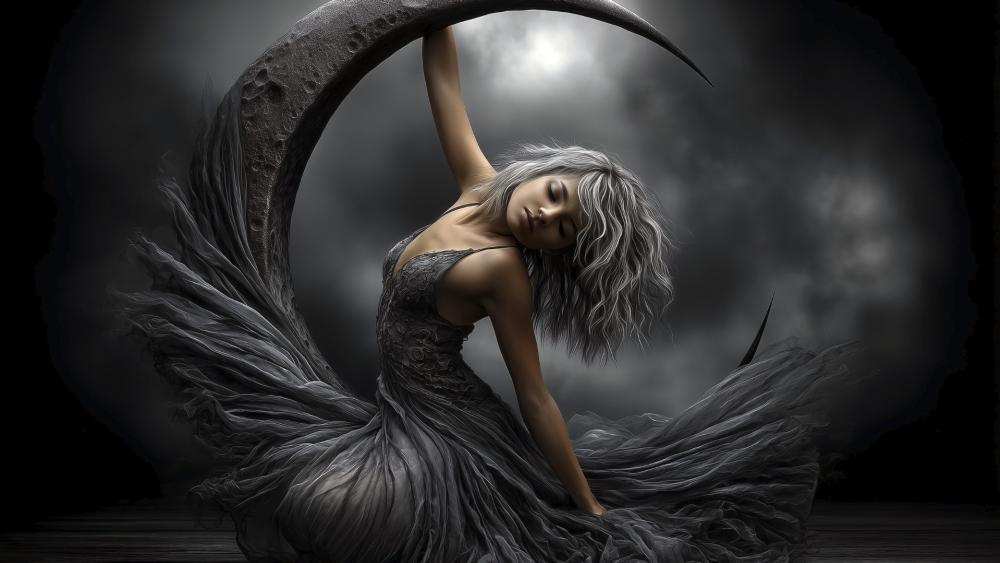 Monochrome Moon Dancer Embraced by a Crescent Night wallpaper