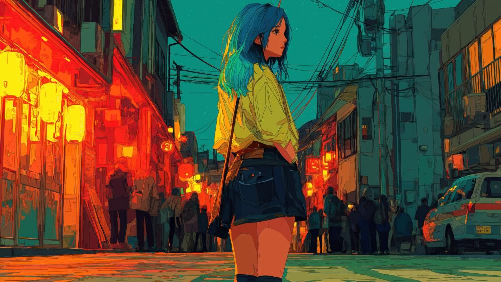 Neon Alley Reverie Blue Haired Anime Girl at Dusk in 4K wallpaper