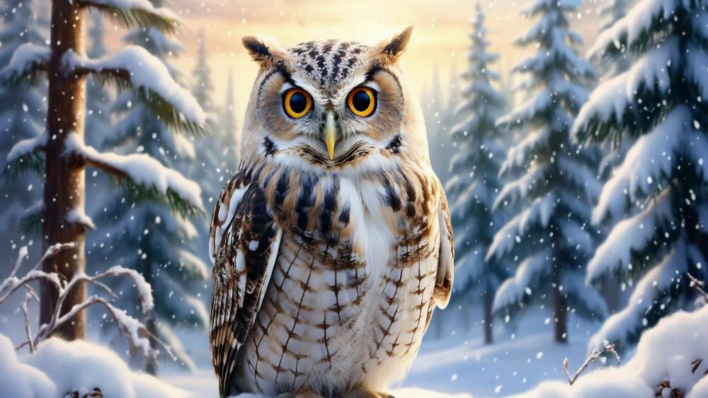Snowy Forest Owl Portrait in Winter Light 4K AI Art wallpaper
