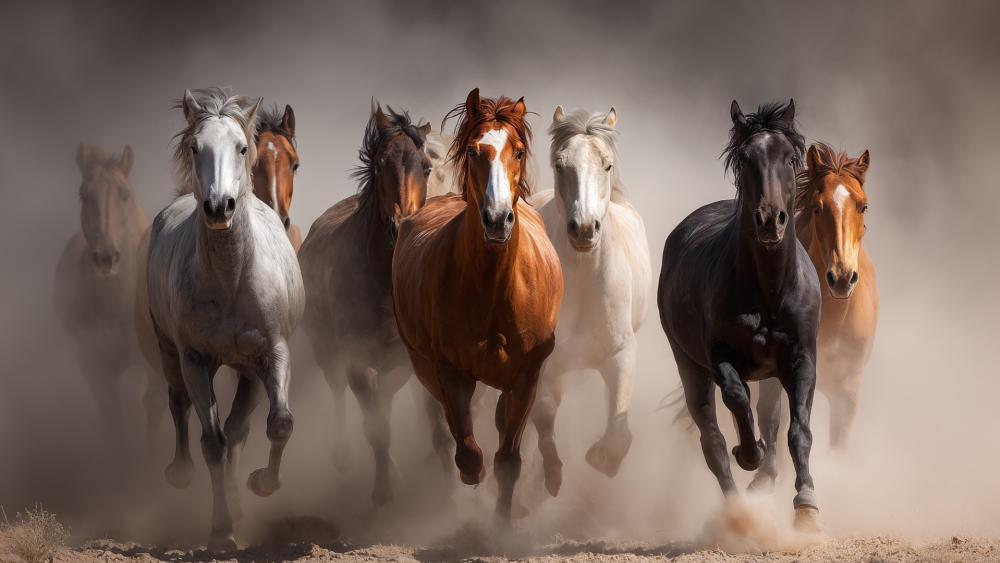 Thundering Mustang Herd Through Dust and Dawn Light wallpaper