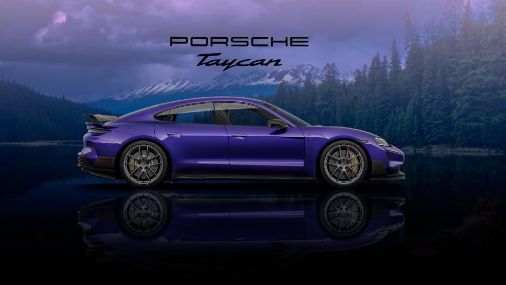 Purple Porsche Taycan Turbo GT Reflected on a Peruvian Mountain Lake wallpaper