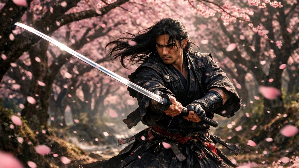 Samurai Katana Duel Beneath Falling Sakura Petals wallpaper
