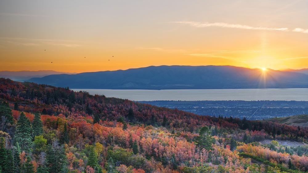 Golden Sunrise Over Autumn Hills and Lakeside Valley Panorama wallpaper