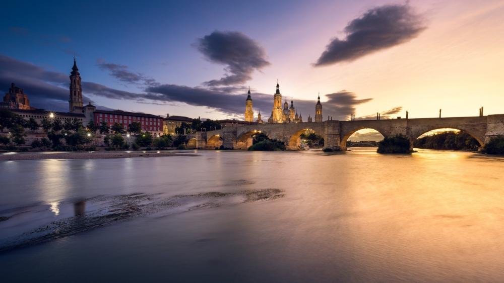 Twilight Over Zaragoza and Our Lady of the Pillar Basilica wallpaper