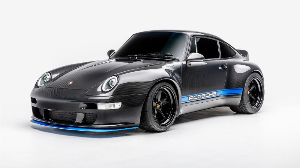 Carbon Black Porsche 911 With Blue Accent Studio 4K Wallpaper wallpaper