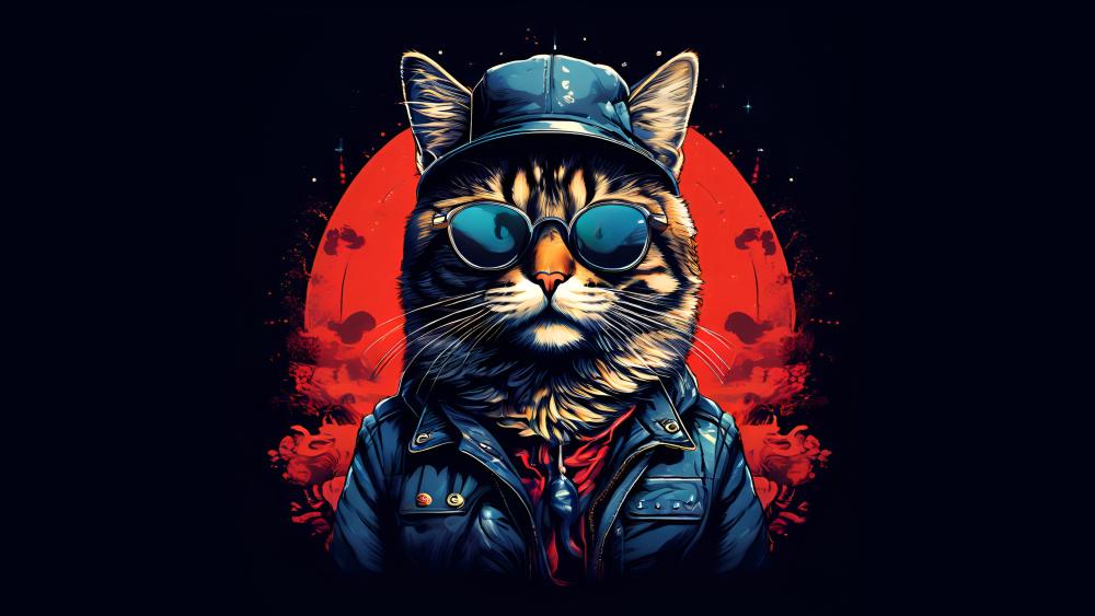 Cool Cat Commander in Shades and Leather Jacket 4K Wallpaper wallpaper