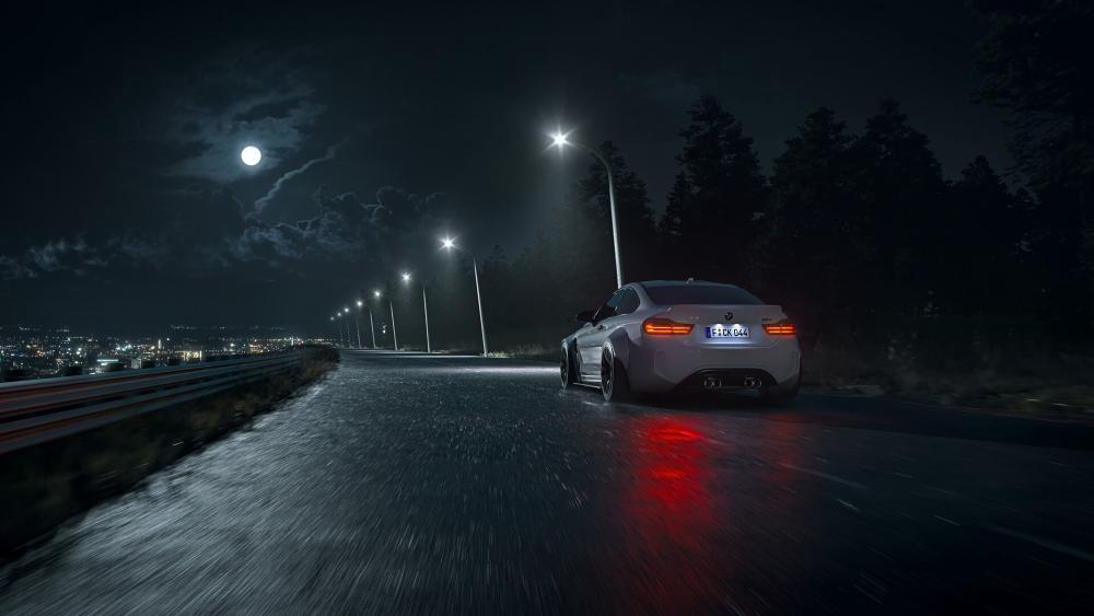 BMW M4 Midnight Run on a Moonlit Highway in 4K wallpaper