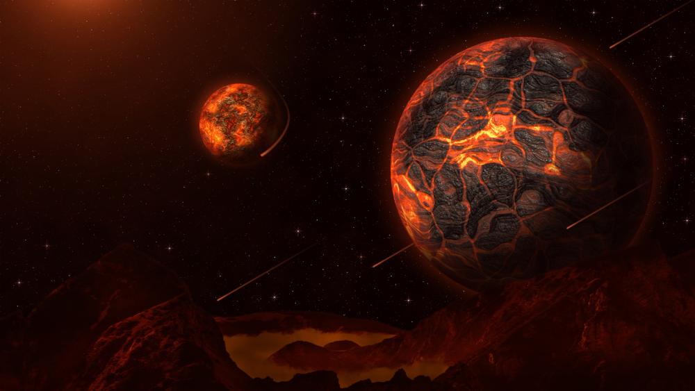 Molten Worlds Drifting Through Ember Stardust in Deep Space wallpaper