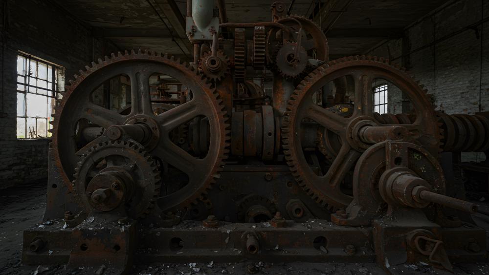 Rusty Factory Gears in Shadowed Industrial Machine Room Wallpaper 5K wallpaper
