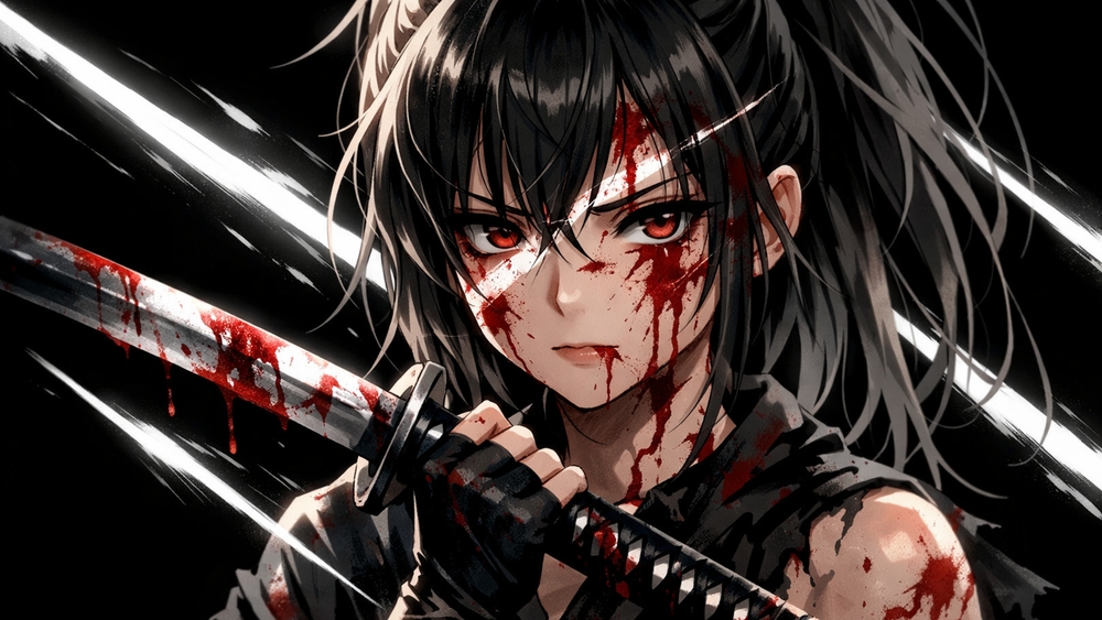 Bloodstained Katana Warrior Girl in Shadowed Rain wallpaper
