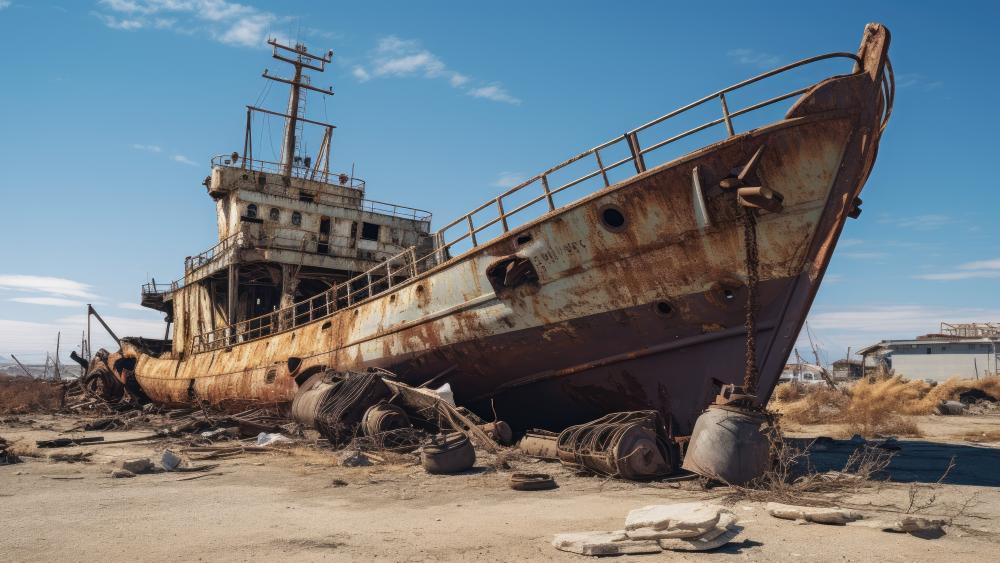 Rustbound Shipwreck on Deserted Shore in Crisp 5K Technics Art wallpaper