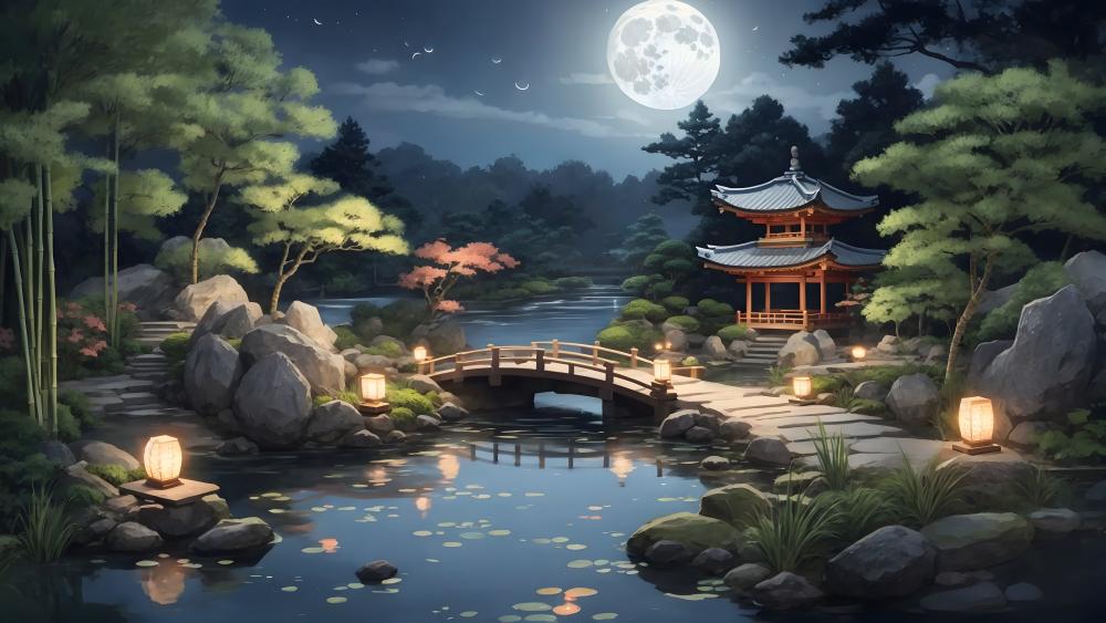 Moonlit Garden Bridge Reflections in Tranquil Oriental Nightscape wallpaper
