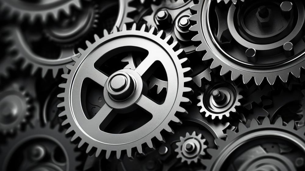 Interlocking Metallic Gears in Crisp 4K Machine Aesthetic wallpaper