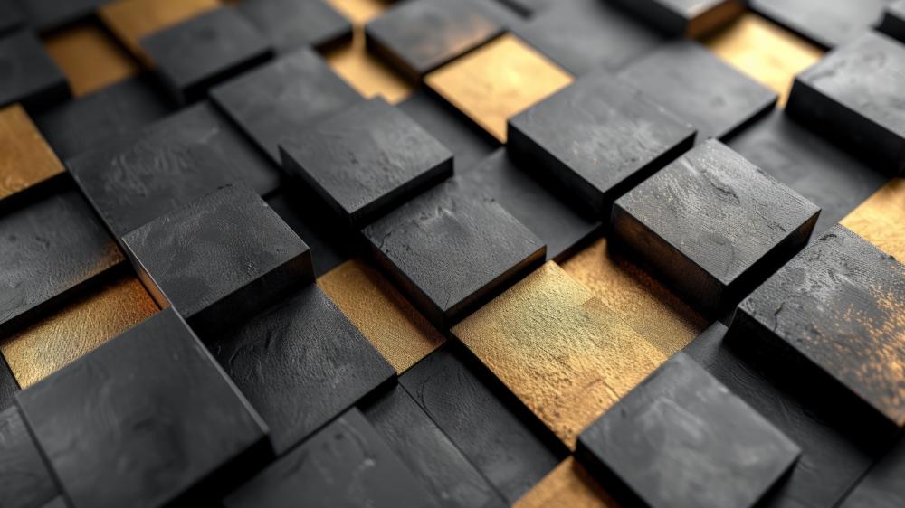Midnight Blocks and Gilded Squares in 3D Geometric Abstraction wallpaper