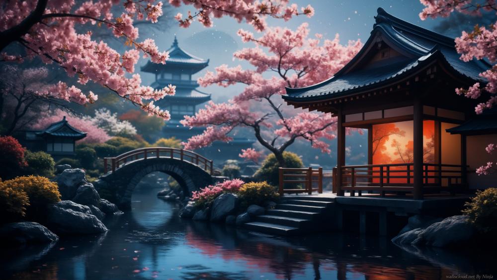 Cherry Blossom Dusk Over Tranquil Pagoda Stream wallpaper
