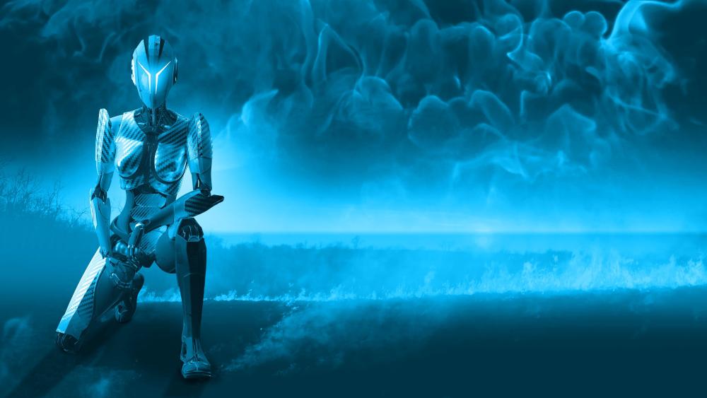 Neon Sentinel Android Amid Blue Smoke and Distant Storm wallpaper