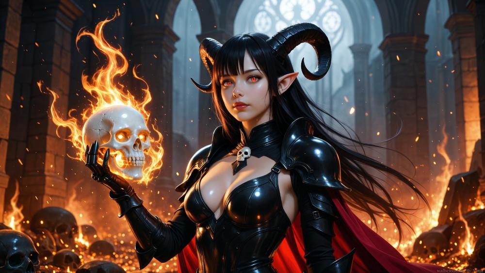 Infernal Demoness in Black Latex Holding a Flaming Skull wallpaper