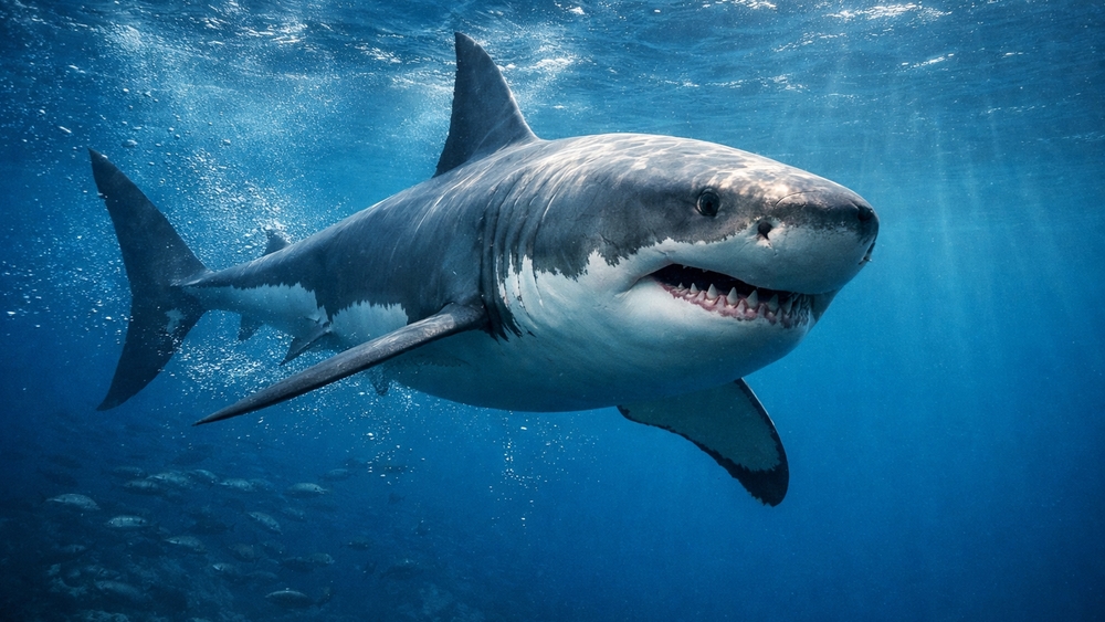 Majestic Great White Shark Gliding Through Sunlit Blue Depths wallpaper
