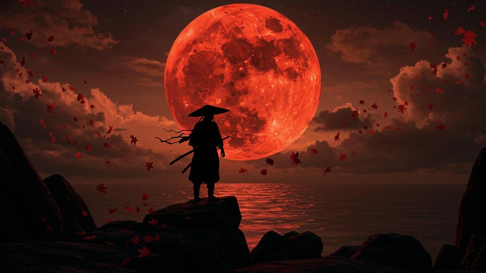 Samurai Silhouette Before a Giant Blood Moon Over the Sea wallpaper