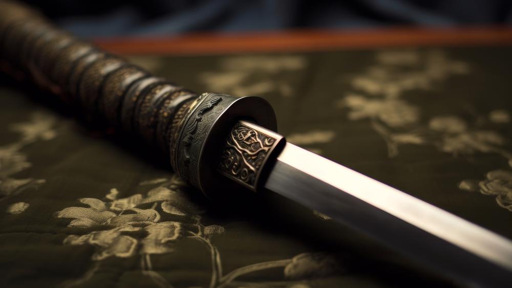 Forged Honor Katana Close Up on Tactical Silk Fabric wallpaper