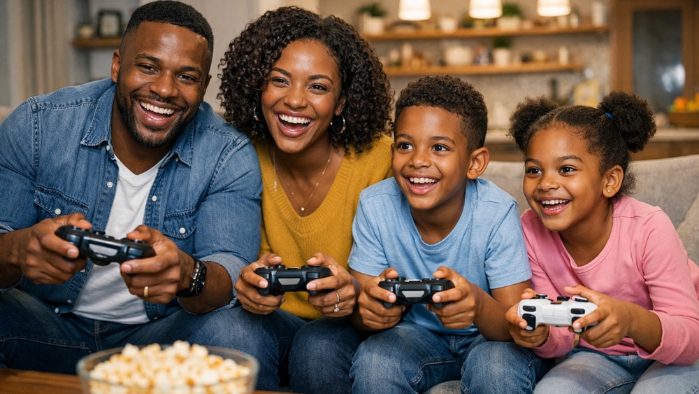 Family Game Night With Controllers Shared Smiles And Friendly Competition wallpaper