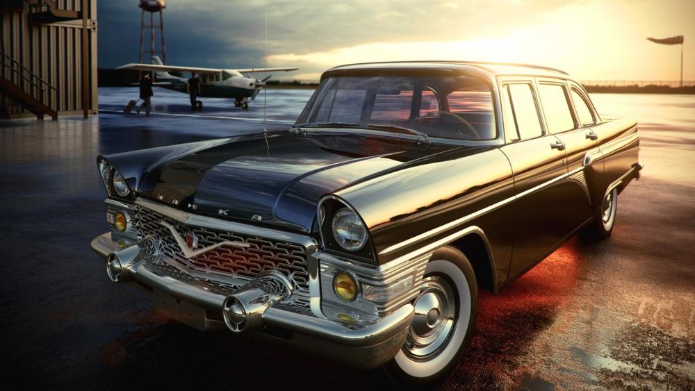 Sunset Elegance GAZ 13 Chaika at the Airfield wallpaper